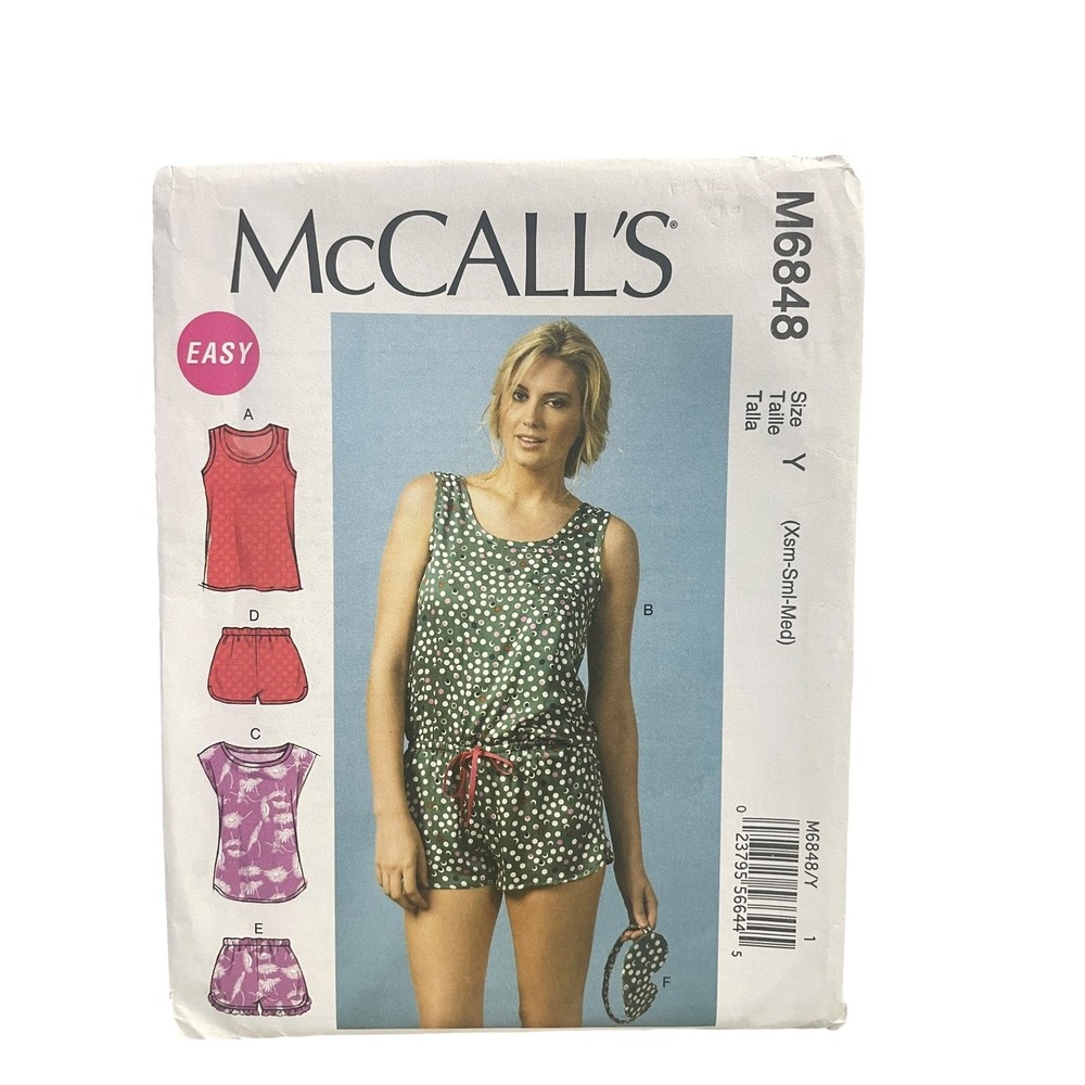 McCall's M6848 Misses Tops Romper Shorts Eye Mask Y (XS-M) Easy Pajamas UNCUT